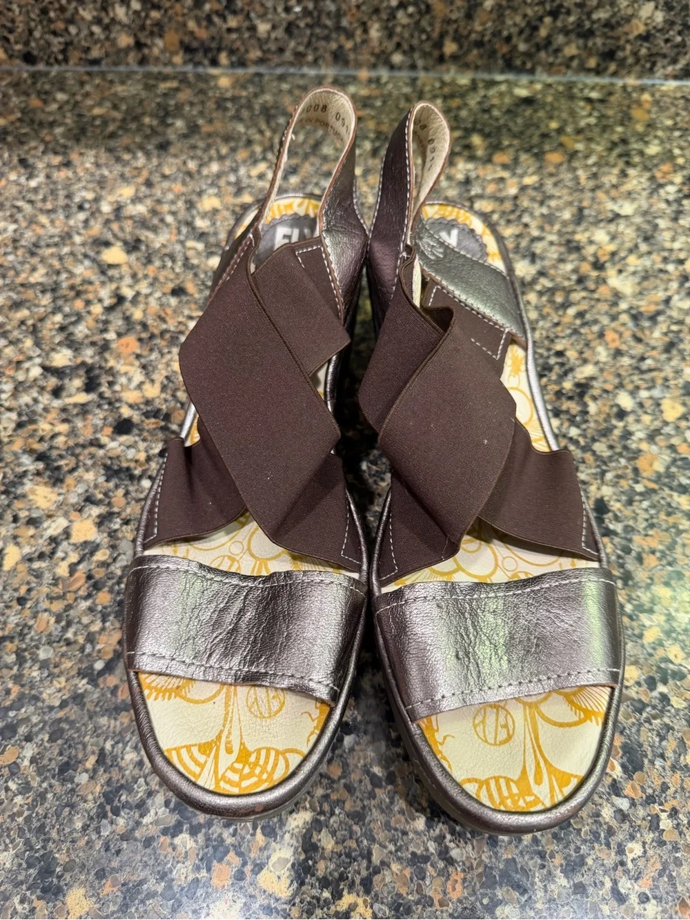 Fly London Yaji Women’s Brown Metallic Wedge Sandals with Elastic Cross Straps 3